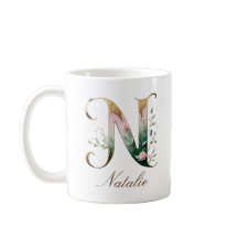 Taza con monograma de letra N floral dorada elegan