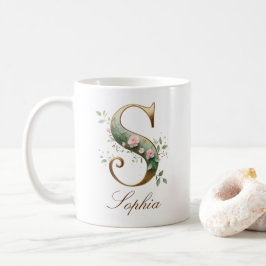 Café Taza con monograma de letra S floral dorada elegan