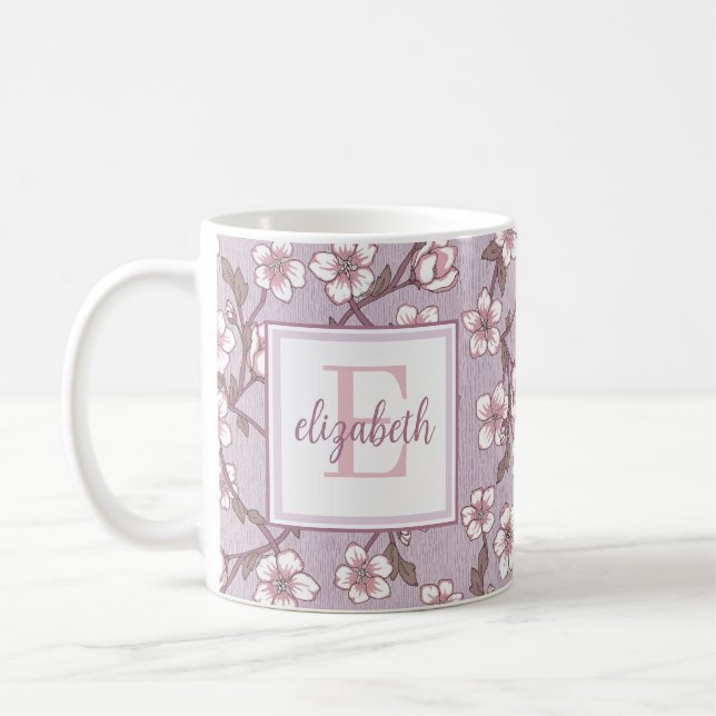 Café Taza con monograma de letra script floral: taza pe (Izquierda)