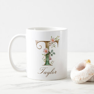 Café Taza con monograma de letra T floral dorada elegan