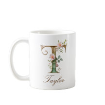 Taza con monograma de letra T floral dorada elegan