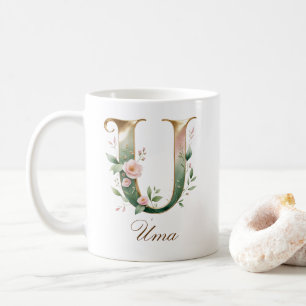Café Taza con monograma de letra U floral dorada elegan