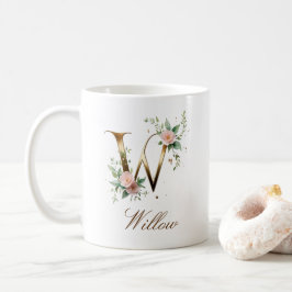 Café Taza con monograma de letra W floral dorada elegan