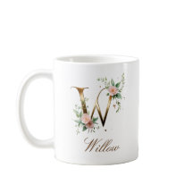 Taza con monograma de letra W floral dorada elegan