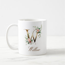 Café Taza con monograma de letra W floral dorada elegan