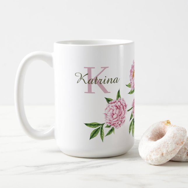 Café Taza con Monograma de Peonía (Con donut)