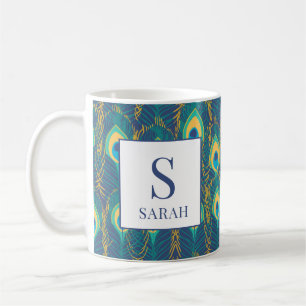 Café Taza con Monograma de Pluma de Pavo Real Elegante