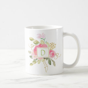 Café Taza con monograma de rosas rosadas y destellos do