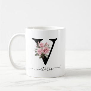 Café Taza con monograma floral de flores rosas V inicia