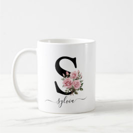 Café Taza con monograma floral de inicial S de flores r