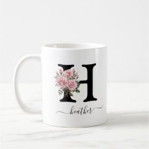 Taza con monograma floral de iniciales H de flores