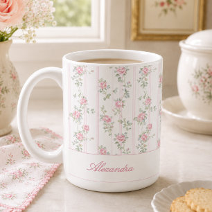 Café Taza con monograma floral de rosa rosa personaliza