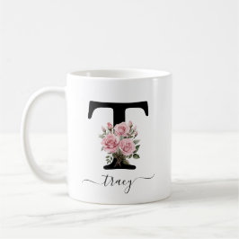 Café Taza con monograma floral de rosas rosadas inicial