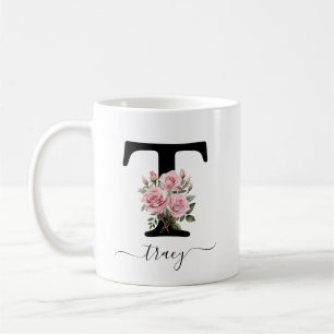 Café Taza con monograma floral de rosas rosadas inicial