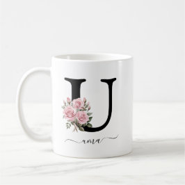 Café Taza con monograma floral de rosas rosadas inicial