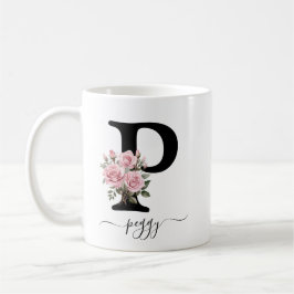 Café Taza con monograma floral de rosas rosadas P inici