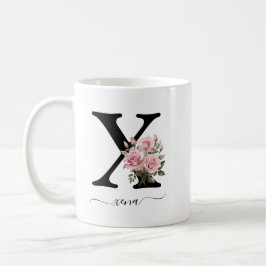 Café Taza con monograma floral inicial x de flores rosa