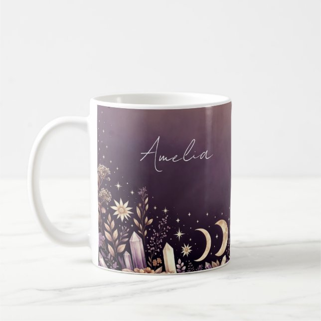 Café Taza con nombre botánico de cristal de fases lunar (Izquierda)