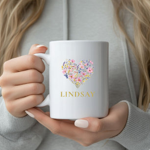 Café Taza con nombre de corazón de flores silvestres pe