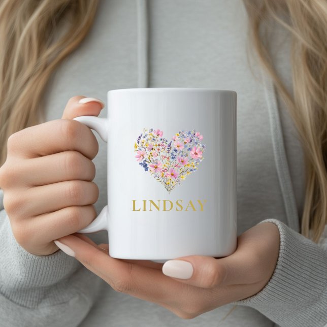 Café Taza con nombre de corazón de flores silvestres pe (Custom Wildflower Heart Name Mug
)
