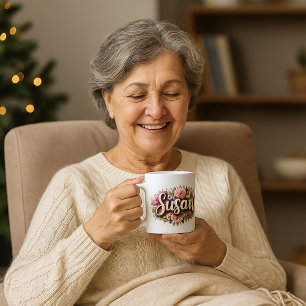 Café Taza con nombre floral de Susan – Flores de peonía