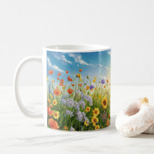 Café Taza con paisaje natural de girasoles y cielo azul