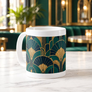 Café Taza con patrón de abanico Art Deco esmeralda