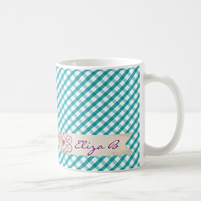 Café Taza con patrón de gingham azul y blanco con monog (Derecha)