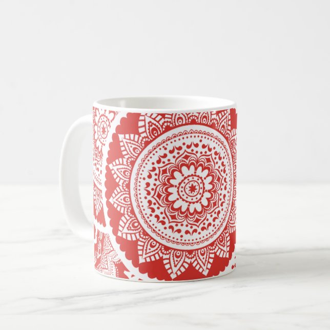 Café Taza con patrón de mandala rojo y blanco (Anverso izquierdo)