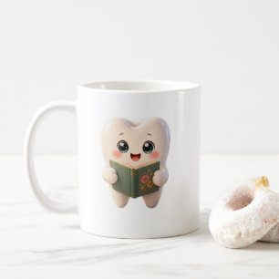Café Taza con personaje de diente Kawaii lindo leyendo