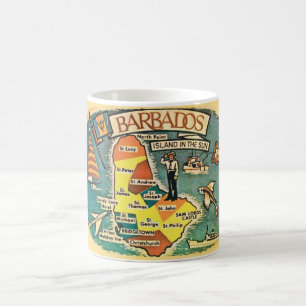 Café Taza con postal de mapa ilustrado de Barbados vint