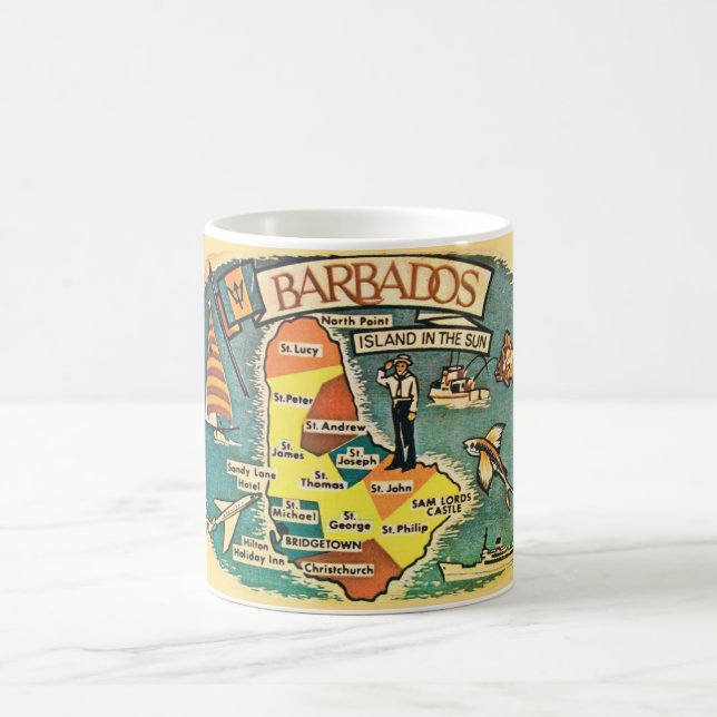 Café Taza con postal de mapa ilustrado de Barbados vint (Centro)