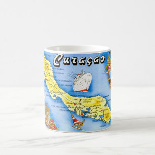 Café Taza con postal del mapa de la isla de Curazao