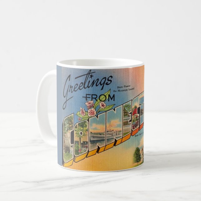Café Taza con postal retro de Connecticut (Anverso izquierdo)