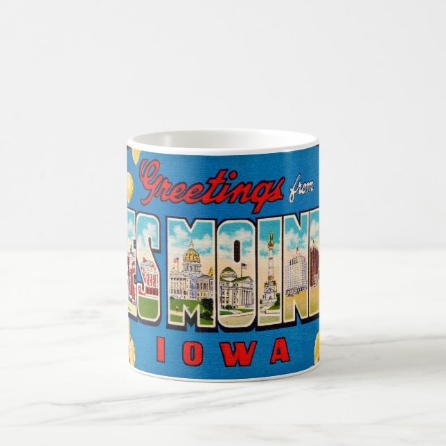 Café Taza con postal retro de Des Moines Iowa (Centro)