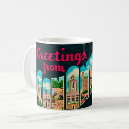 Café Taza con postal retro de San Antonio