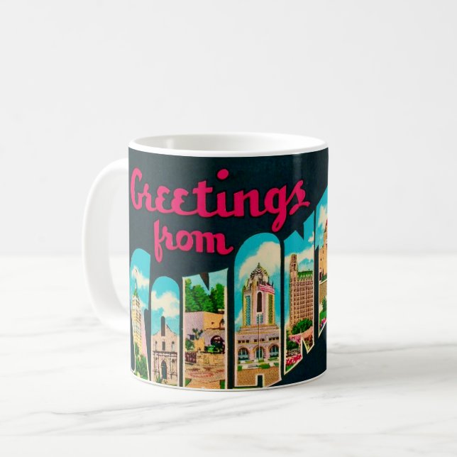Café Taza con postal retro de San Antonio (Anverso izquierdo)