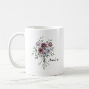 Café Taza con ramo de rosas de acuarela elegante