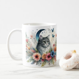 Café Taza con retrato de gato gris bonito con flores