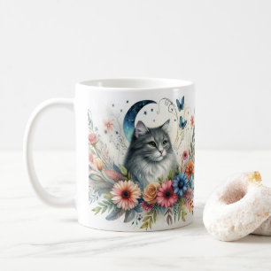 Café Taza con retrato de gato gris bonito con flores