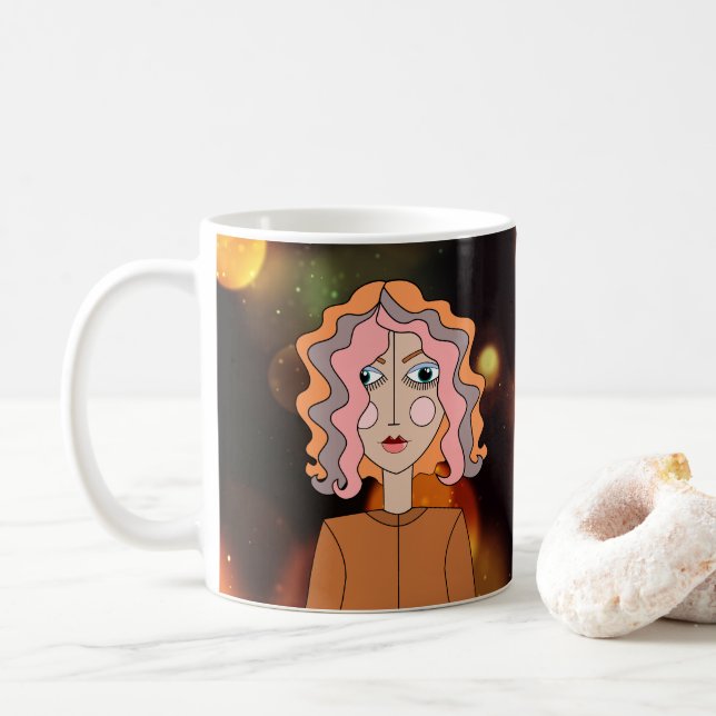 Café Taza con rostro bonito estilizado de arte abstract (Con donut)