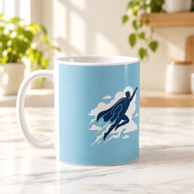 Café Taza con silueta de héroe celestial (Skybound Hero Silhouette Mug — digital mockup.)