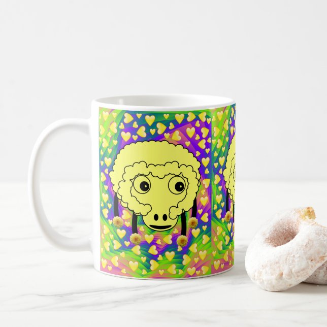 Café Taza Corazones Amarillos de Ovejas (Con donut)