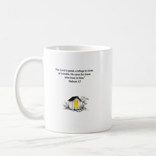 Café Taza cristiana con versículo bíblico de Nahúm 1:7 (Izquierda)