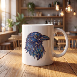 Café Taza Cuervo Celeste con Arte de Línea Dorada Luna