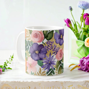 Café Taza de acuarela floral con acentos dorados