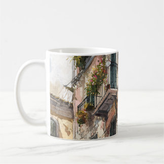 Café Taza de Acuarela Floral de Balcón Romántico