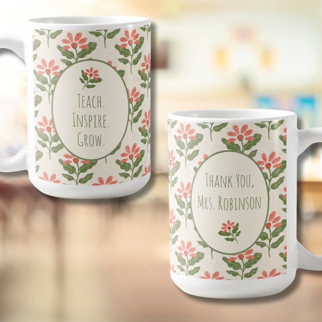 Café Taza de agradecimiento a maestros florales | Nombr (Floral Teacher Appreciation Mug | Personalized Name | Thank You Gift)