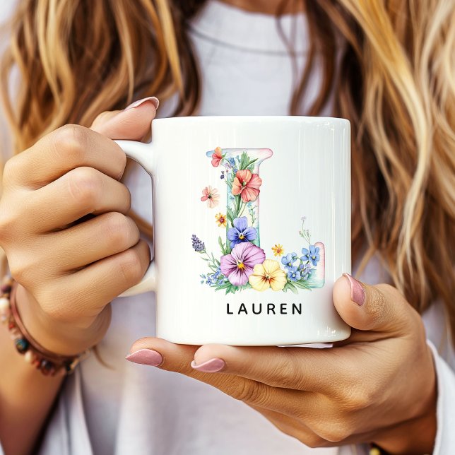 Café Taza de alfabeto floral personalizada para novia o (Custom Monogram Name Mug for Mom or Bridesmaids, Custom Floral Alphabet Mug for Teacher or Nurse)