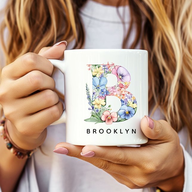 Café Taza de alfabeto floral personalizada, regalo de n (Custom Floral Initial Mug Name Gift, Custom Floral Alphabet Mug for Her, Monogram Flower Mug Gift)